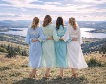 Green Bridesmaid robes personalized for the bride and bridal party in long ankle length.