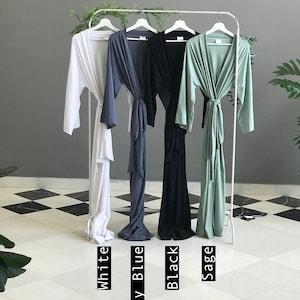 Butter soft stretchy very long Bridesmaid robes for Bridal party getting ready and lounging in Sage Dusty Blue Black White. image 9