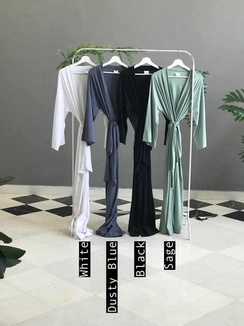 Butter soft stretchy very long Bridesmaid robes for Bridal party getting ready and lounging in Sage Dusty Blue Black White. image 9