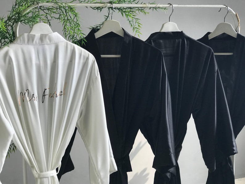 Long black personalized satin bridesmaid robes with front and back gold text. Custom gifts for Mother of the Bride, Groom and Bridal party. image 4