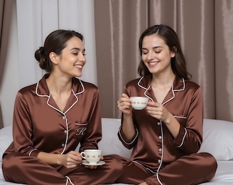 Personalized Brown Bridesmaid Pajamas, Satin Bridal Party Gifts.