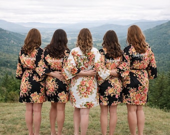 Black Cotton Floral Bridesmaid Robes - Personalized, Knee-Length kimono Wrap Style.