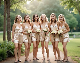 Bridesmaids Proposal Womens Clothing Satin Bridesmaid Pajamas Set with Camisole and Shorts, Perfect for Bridal Party and Christmas gifts.