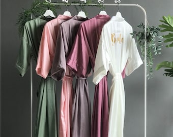 Long satin robes for wedding party mother of the groom mother of the bride personalized with names or roles. Bridesmaid proposal gifts.