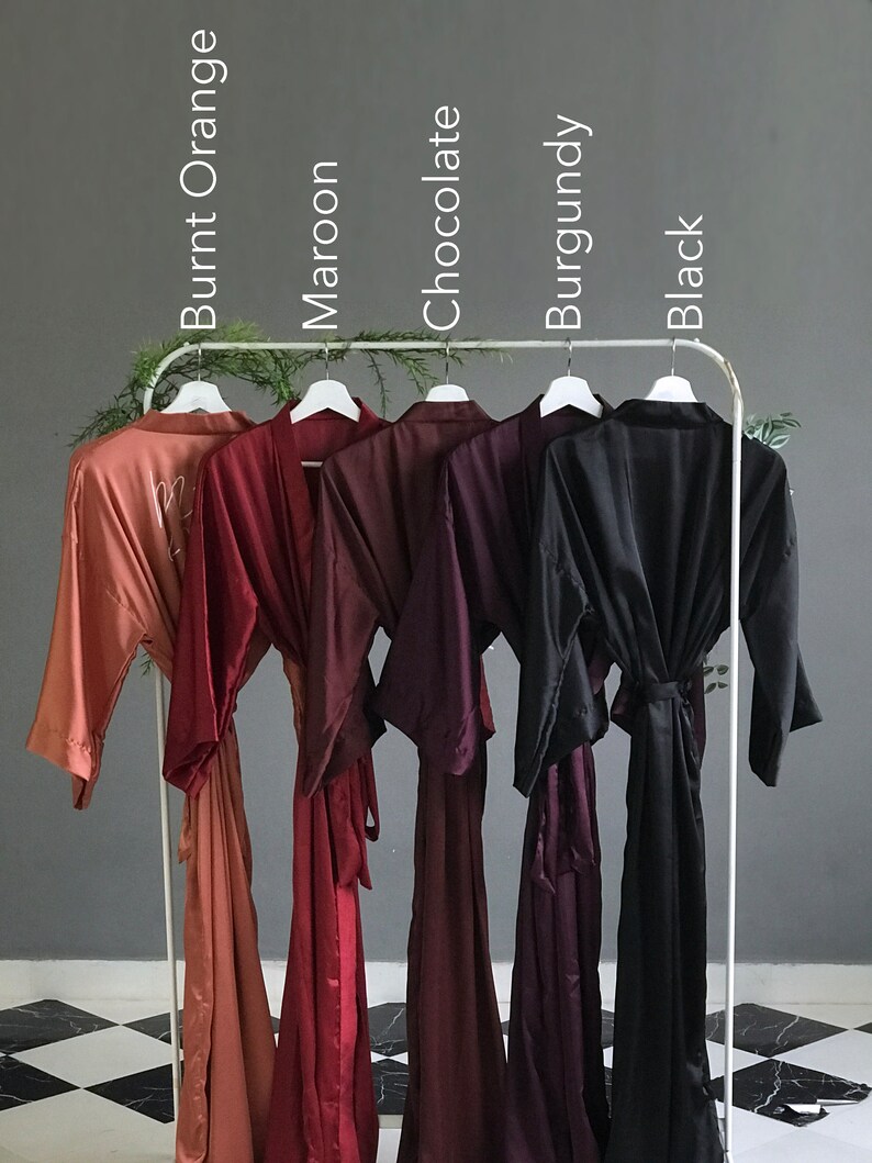 Soft silky satin long personalized bridesmaid robes in chocolate burgundy maroon orange black Plus size robes for Mother of the Groom/Bride. image 10