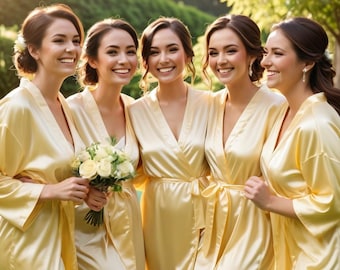 Softest silky Bridesmaid robes for Bridal party in Light yellow Champagne Gold. Long length Personalized robes for Bride Bachelorette party