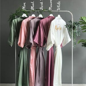 Long satin robes for wedding party mother of the groom mother of the bride personalized with names or roles. Bridesmaid proposal gifts.