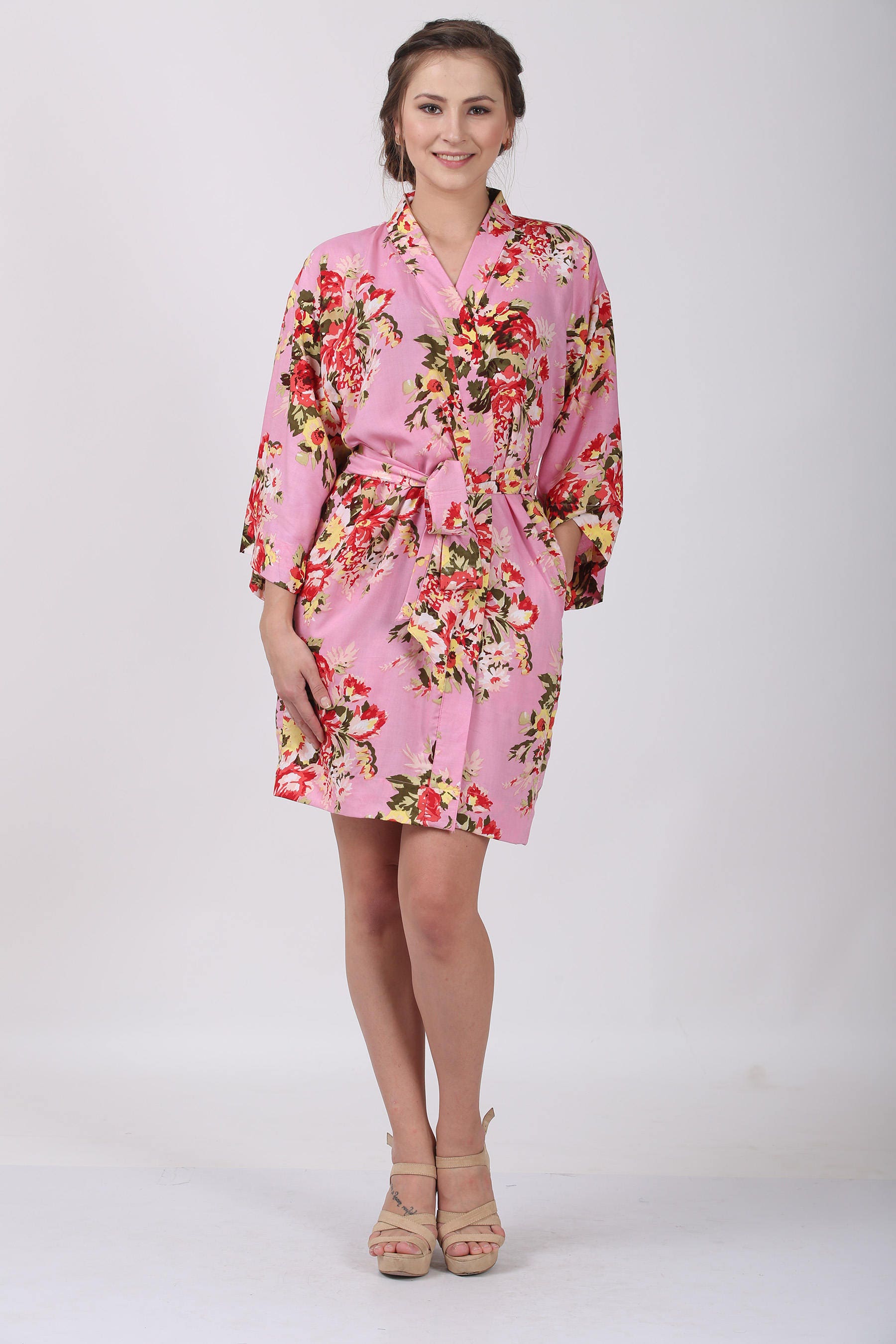Womens Floral Dress Pink Kimono Robe Plus Size Tunic Short Etsy