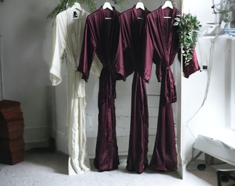 Bridesmaid robes long ankle calf length satin burgundy wine & personalized. Custom bridal party long robes for mother of the bride and groom