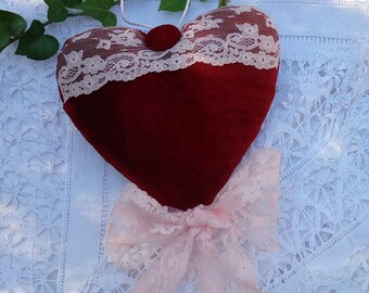Heart door cushion in raspberry velvet wide lace old old linen