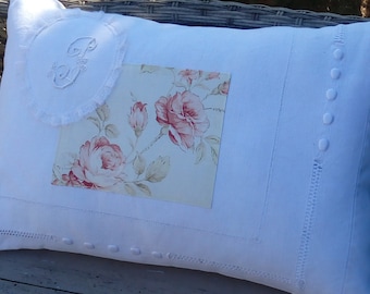 cushion removable old linen beautiful white linen linen pretty fabric of roses monogram P lace