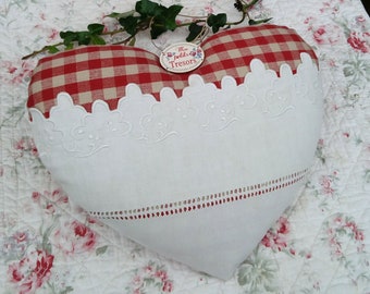 big heart XL to hang or pose vichy old linen beautiful festoons button Digoin my little treasures