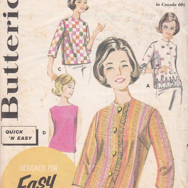 Vintage 1960's Butterick 2324 Sewing Pattern Easy to Sew Size 12 Bust 32 Over Blouses Boat or Jewel Neckline Complete