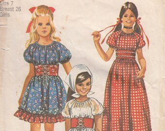 Girls Peasant Dresses and Belt Vintage 70's Simplicity 9244 Sewing Pattern Size 7 Complete