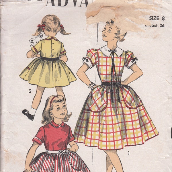 Vintage 50's Advance 6642 Sewing Pattern Girls Full Skirt Dress Size 8 Non Printed Complete