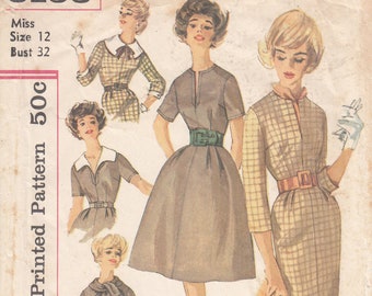 Vintage 1950's Simplicity 3153 Sewing Pattern Size 12 Bust 32 Simple to Sew Dress Collar Options Full or Straight Skirt Missing Piece