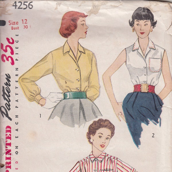 Vintage 50's Blouses Simplicity 4256 Sewing Pattern Size 12 Bust 30 Complete