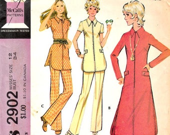 Vintage 1970's  Front Zipper Tunics Pull on Pants McCall's 2902 Sewing Pattern Size 12 Bust 34 Uncut