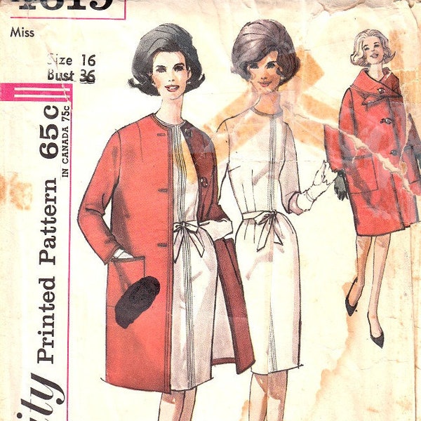 Vintage 60's One Piece Dress with Coat Sewing Pattern Size 16 Bust 36 Detachable Collar Simplicity 4619 Complete