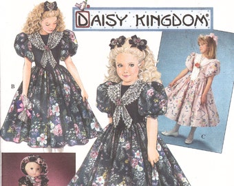 Vintage 90's Simplicity 9166 Sewing Pattern Daisy Kingdom Dresses with Removable Collar 18" Doll Dress and Hat Size 8 10 12 14 Uncut