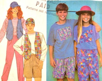 Boys Girls Pants Shorts Tee Shirt Sewing Pattern Size 7 8 10 Lined Vest Ball Cap Vintage 90's Simplicity 8502 Uncut Factory Folds