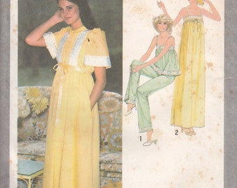 Vintage Loungewear Simplicity 8766 Sewing Pattern Robe Two Piece Pajamas Nightgown Size 12 Uncut