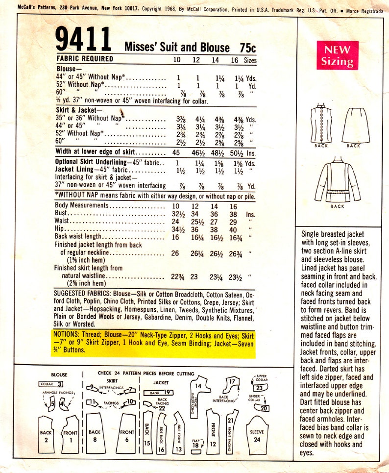 Ladies Three Piece Suit Vintage McCall's 9411 Sewing Pattern Size 14 Bust 36 Complete image 2