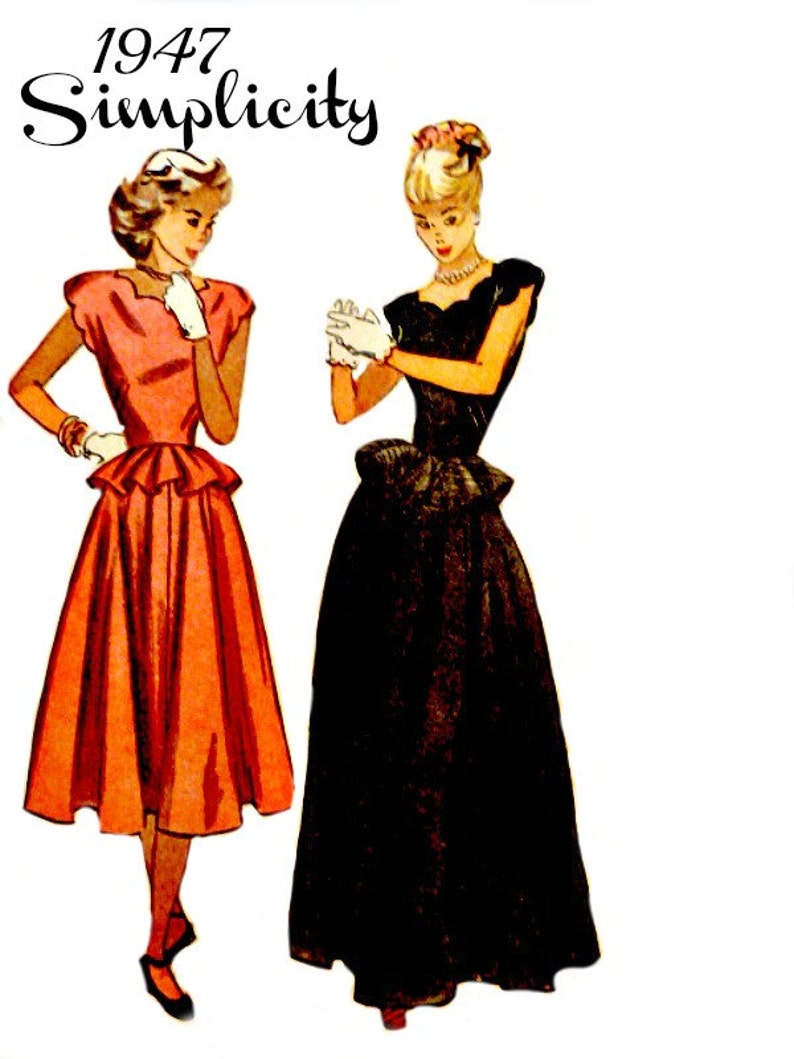 40's Evening Day Length Dress Simplicity 2238 Sewing Pattern with Peplum Size 14 Bust 32 Neckline Scallops Printed Vintage Uncut FFolds image 1