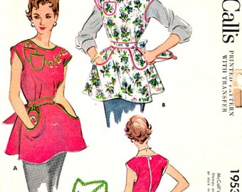 Vintage 50's Cobbler Aprons Potholders Sewing Pattern Size Medium 14 -16 Embroidery Transfers Button Back Closures McCalls 1953 Not Complete