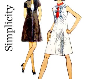 Vintage 70's Aline Dress Sewing Pattern Size 14 Bust 36 V Shaped Front with Optional Inset and Stand Up Ring Collar Simplicity 8734 Complete