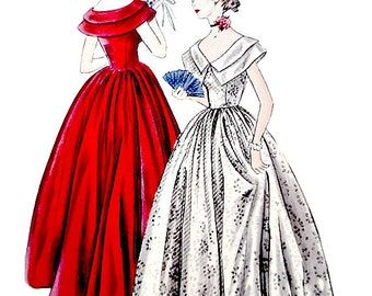 40's Vintage Vogue 2165 Sewing Pattern Easy to Sew Evening Gown Size 13 Bust 31 1/2 Dress Full Skirt Low Deep V Neckline FFolds Non Printed