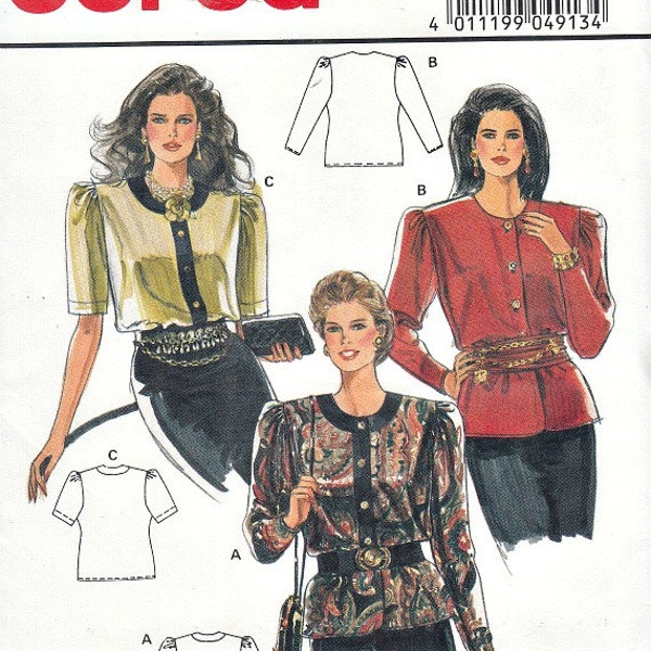 Vintage Dress Blouses Burda 4913 Sewing Pattern Jewel Neckline Sleeve Variations Front Button Plus Sizes Included 10 - 20 Uncut