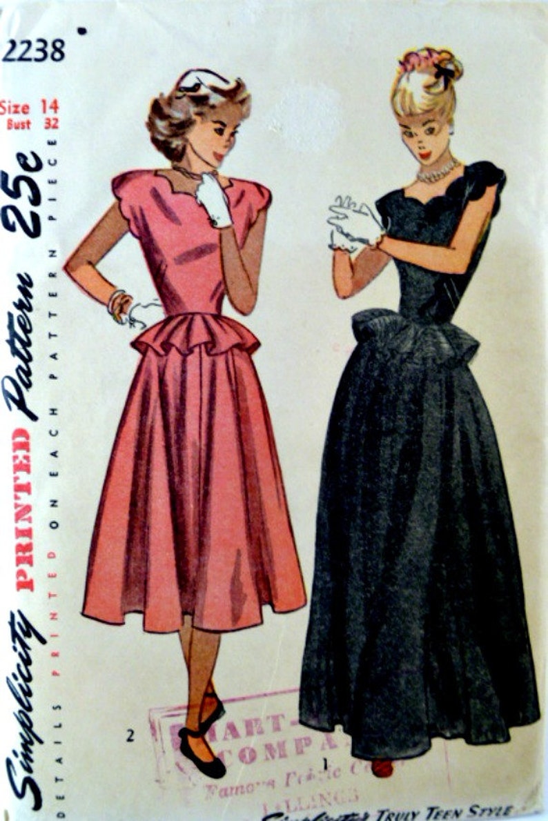 40's Evening Day Length Dress Simplicity 2238 Sewing Pattern with Peplum Size 14 Bust 32 Neckline Scallops Printed Vintage Uncut FFolds image 2