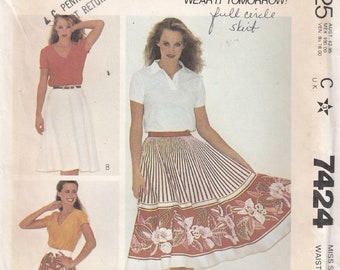 Full Circle Skirt Easy to Sew Vintage McCall's 7424 Sewing Pattern Size 14 Waist 28 Uncut