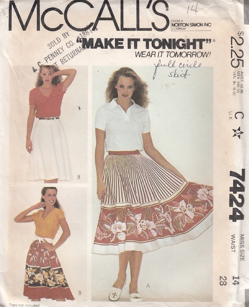 Full Circle Skirt Easy to Sew Vintage McCall's 7424 Sewing Pattern Size 14 Waist 28 Uncut image 1