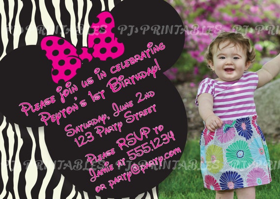 Minnie Mouse Zebra Birthday Invitation with picture- Custom Digital File Il_570xn