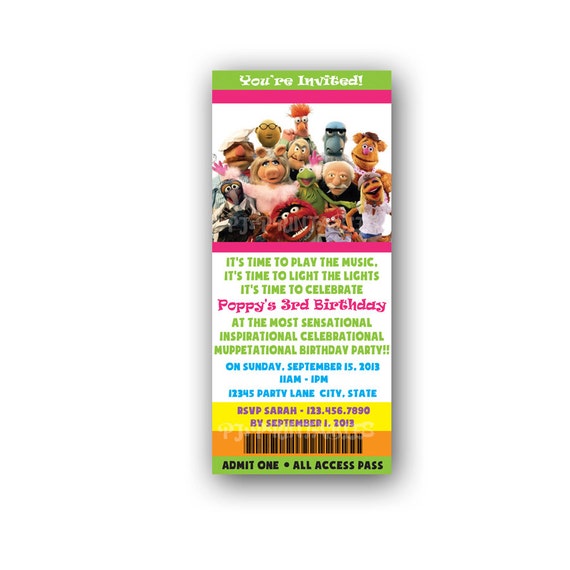 Ticket style Muppets Birthday Invitation - Custom Digital File Il_570xn