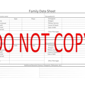 May include: A blank family data sheet with columns for wife's information, husband's information, and additional records. The sheet includes fields for birth, christened, death, buried, married, father, mother, occupation, immigrant, religion, military service, cause of death, date of will, and other marriages.