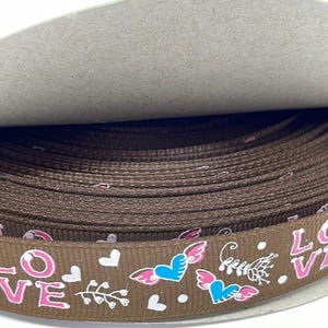 Cinta de grosgrain premium de 3 yardas con diseño de alas de amor en marrón y rosa de 5/8" y grosgrain para proyectos de manualidades, ideal para moños, regalos y decoraciones