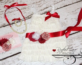 Valentine's Dress ~ Ivory and Scarlet/Red ~ 5 piece set ~ Dress, Headband, Sash, Necklace, Bracelet