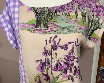 Basic vintage fabric teatowel top Grafton Jacaranda -  Stunning Ladies recycled top Size 12-14 M  handmade pleat at back