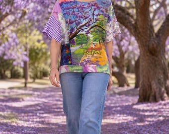 Patchwork "Jacaranda Top" Size XL 16 " Paris Streets" with embroidered tablecloth recycled