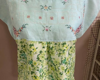 Basic vintage Tea top Stunning Ladies recycled tablecloth top Size L 14-16  handmade Green embroidery with vintage green cotton