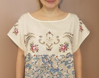 Handmade Embroidered Cotton Tunic Top, Floral Print (Size Small)