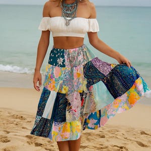 Patchwork Peasant Skirt, Ken Done Fabric, Blue Aqua Boho Size S