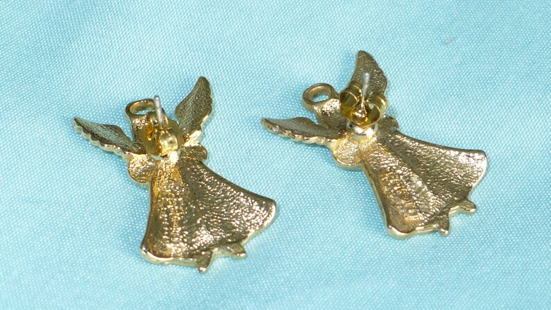 JJ Christmas Angel pierced earrings with red and green rhinestones circa 1980/'s.