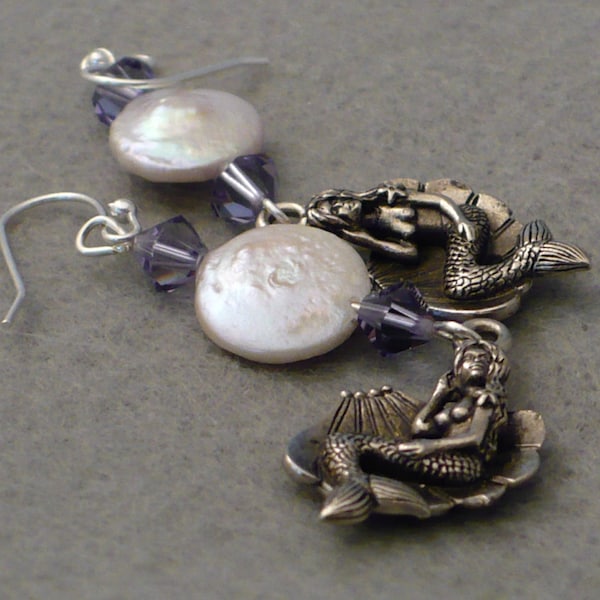 Mermaid pearl and lavender crystal earrings.