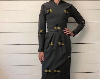 Vintage 1940s lana con cintura matita abito
