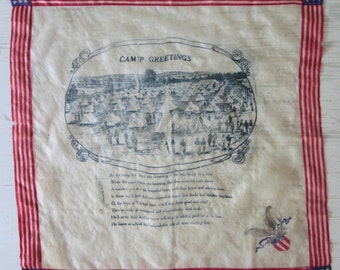 WWI "Camp Greetings" Silk Handkerchief Bandanna Early American History