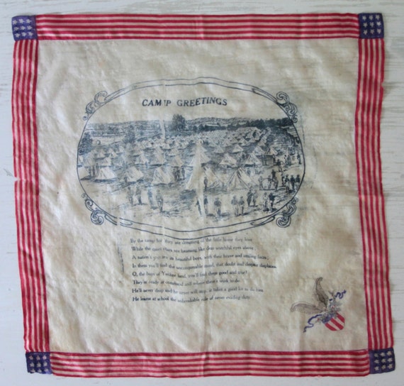 WWI "Camp Greetings" Silk Handkerchief Bandanna Early American History